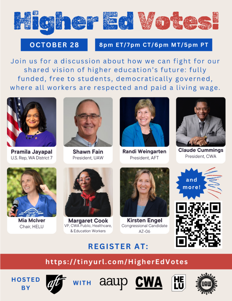 Featured speakers include Pramila Jayapal, Kirsten Engel, Claude Cummings, Margaret Cook, Shawn Fain, and Randi Weingarten.